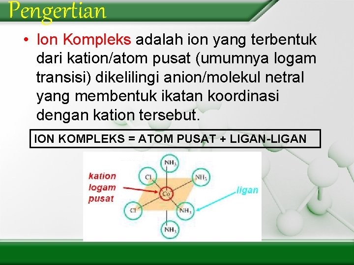 Pengertian • Ion Kompleks adalah ion yang terbentuk dari kation/atom pusat (umumnya logam transisi)