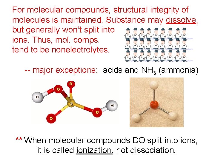 For molecular compounds, structural integrity of molecules is maintained. Substance may dissolve, but generally