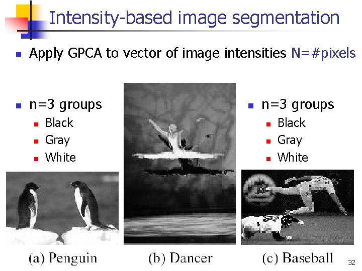Intensity-based image segmentation n Apply GPCA to vector of image intensities N=#pixels n n=3