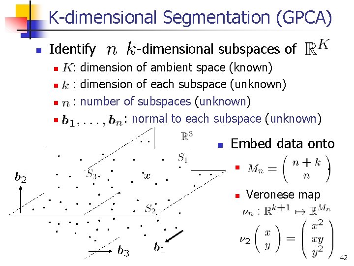 K-dimensional Segmentation (GPCA) n Identify n n -dimensional subspaces of : dimension of ambient