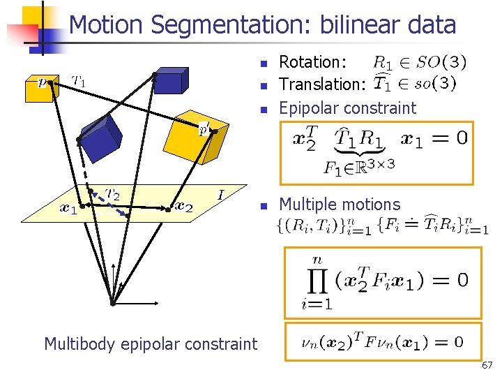 Motion Segmentation: bilinear data n Rotation: Translation: Epipolar constraint n Multiple motions n n