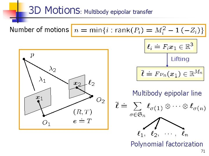 3 D Motions: Multibody epipolar transfer Number of motions Lifting Multibody epipolar line Polynomial