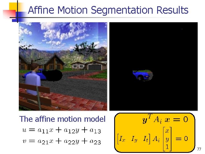 Affine Motion Segmentation Results The affine motion model 77 