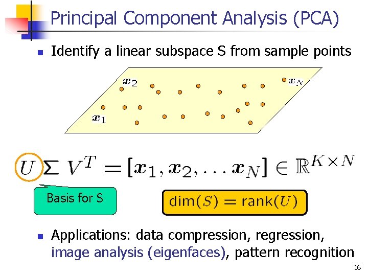 Principal Component Analysis (PCA) n Identify a linear subspace S from sample points Basis