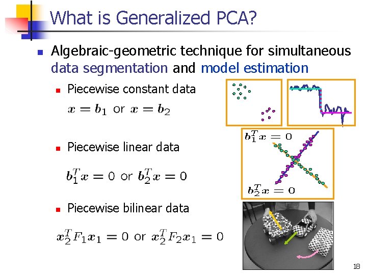 What is Generalized PCA? n Algebraic-geometric technique for simultaneous data segmentation and model estimation