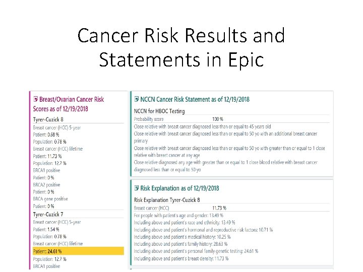 Cancer Risk Results and Statements in Epic Cancer Risk Results and Statements in Epic