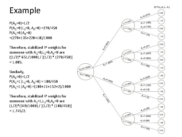 Example P(A 0=0)=1/2 P(A 1=0|L 1=0, A 0=0) =270/450 P(A 1=0|A 0=0) =(270+135+228+18)/1000 Therefore,