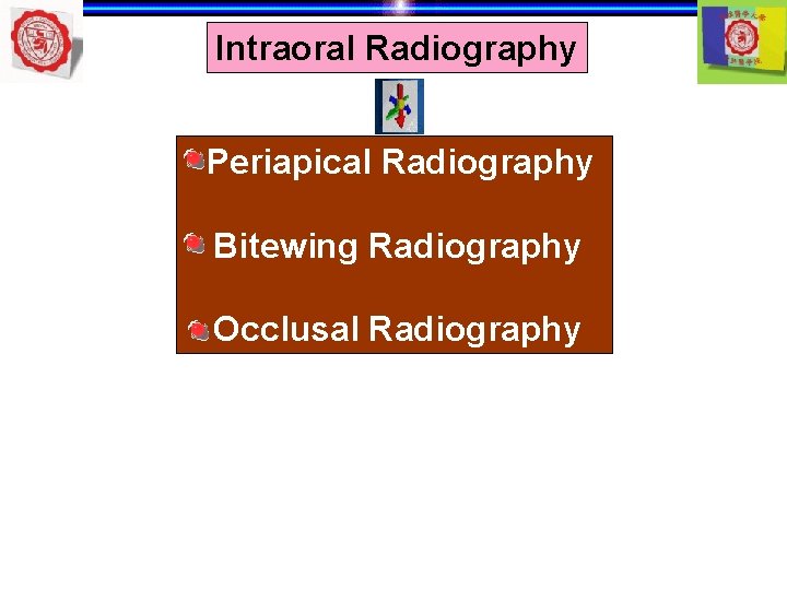 Intraoral Radiography Periapical Radiography Bitewing Radiography Occlusal Radiography 