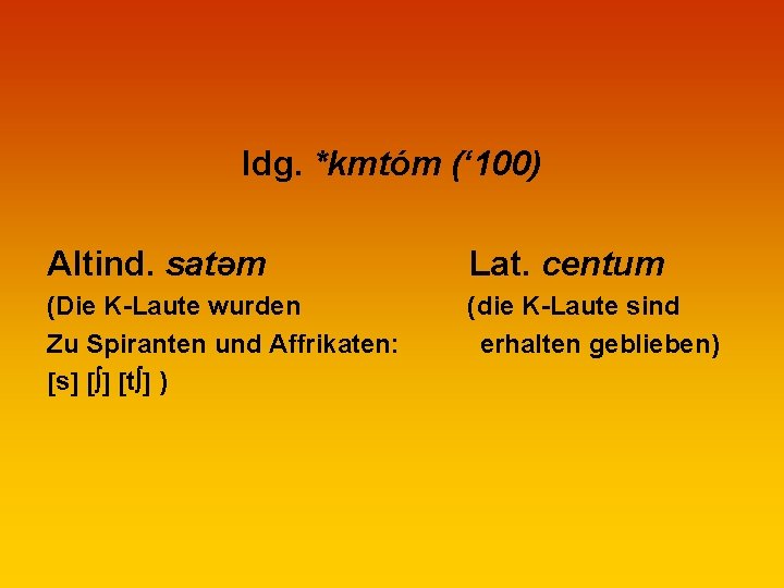 Idg. *kmtóm (‘ 100) Altind. satəm Lat. centum (Die K-Laute wurden Zu Spiranten und