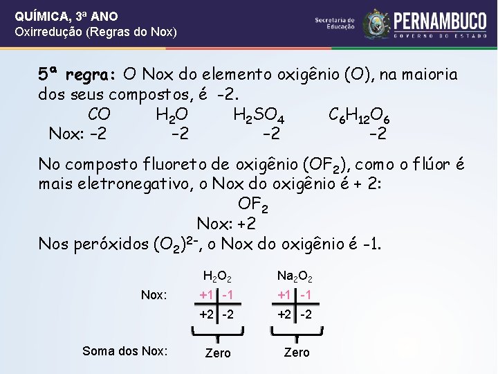 QUÍMICA, 3ª ANO Oxirredução (Regras do Nox) 5ª regra: O Nox do elemento oxigênio QUÍMICA, 3ª ANO Oxirredução (Regras do Nox) 5ª regra: O Nox do elemento oxigênio