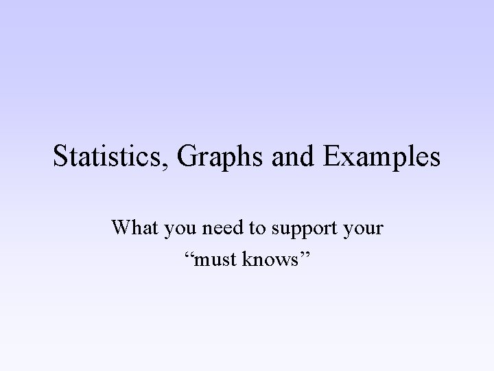 Statistics, Graphs and Examples What you need to support your “must knows” 