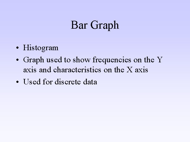 Bar Graph • Histogram • Graph used to show frequencies on the Y axis