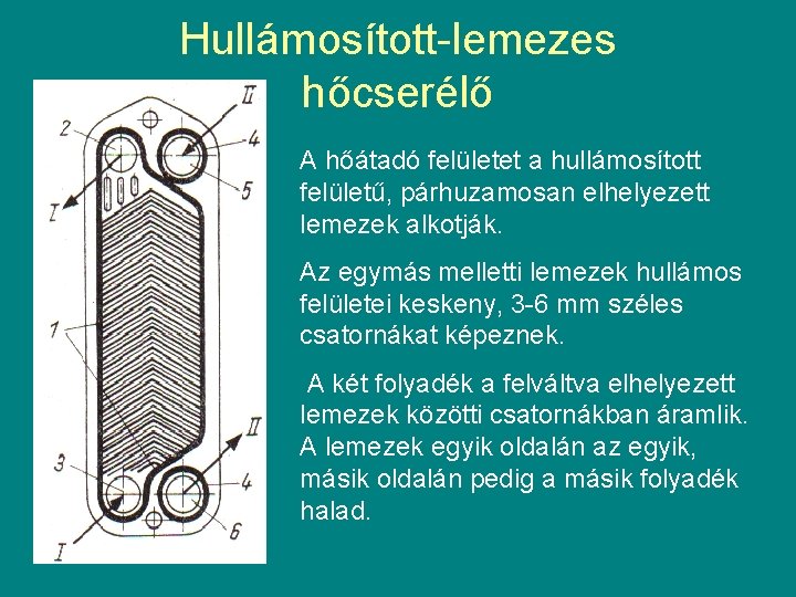 Hullámosított-lemezes hőcserélő A hőátadó felületet a hullámosított felületű, párhuzamosan elhelyezett lemezek alkotják. Az egymás