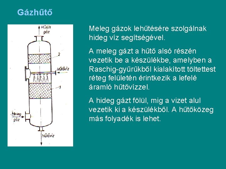 Gázhűtő Meleg gázok lehűtésére szolgálnak hideg víz segítségével. A meleg gázt a hűtő alsó