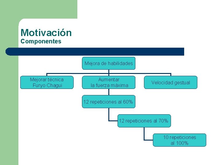 Motivación Componentes Mejora de habilidades Mejorar técnica Furyo Chagui Aumentar la fuerza máxima Velocidad