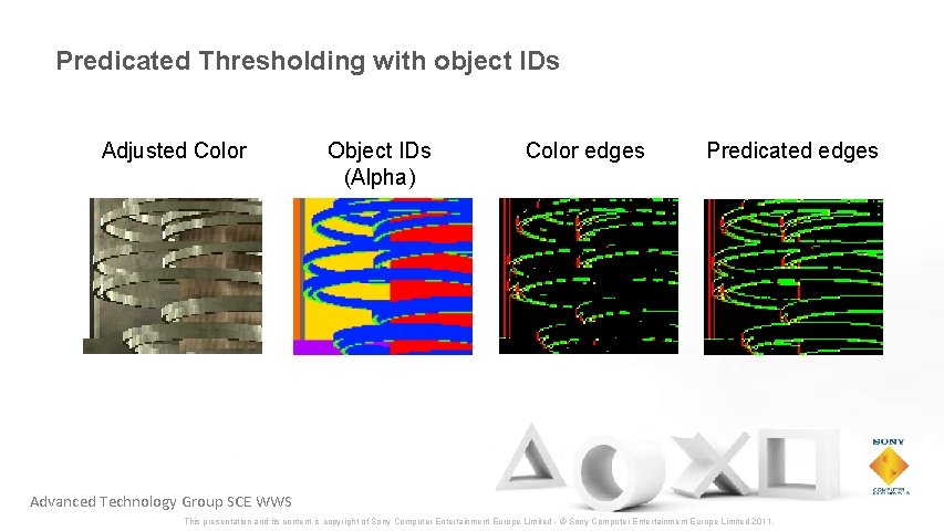Predicated Thresholding with object IDs Adjusted Color Object IDs (Alpha) Color edges Predicated edges