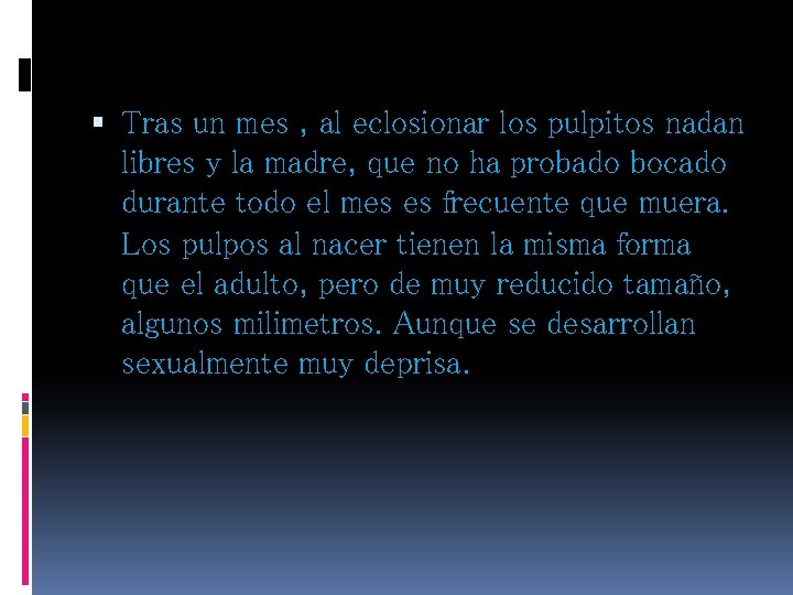  Tras un mes , al eclosionar los pulpitos nadan libres y la madre,