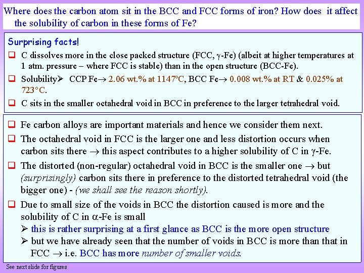 Where does the carbon atom sit in the BCC and FCC forms of iron?