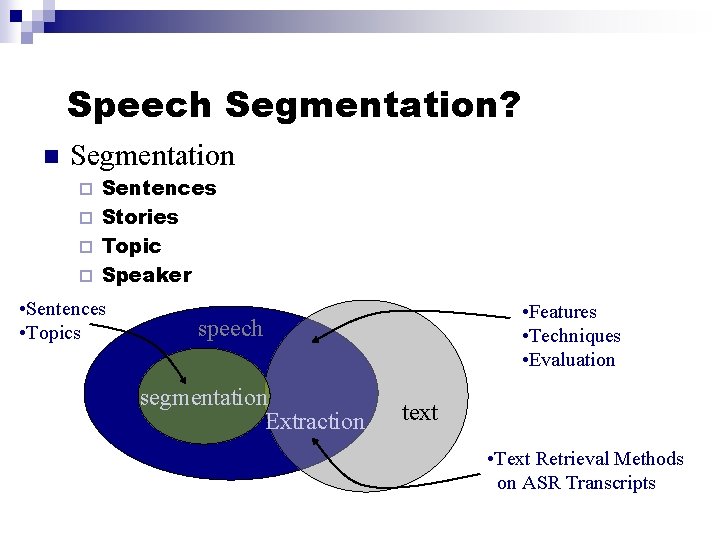 Speech Segmentation? n Segmentation Sentences ¨ Stories ¨ Topic ¨ Speaker ¨ • Sentences