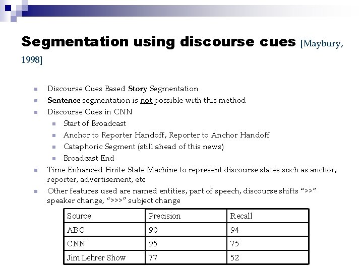 Segmentation using discourse cues [Maybury, 1998] n n n Discourse Cues Based Story Segmentation