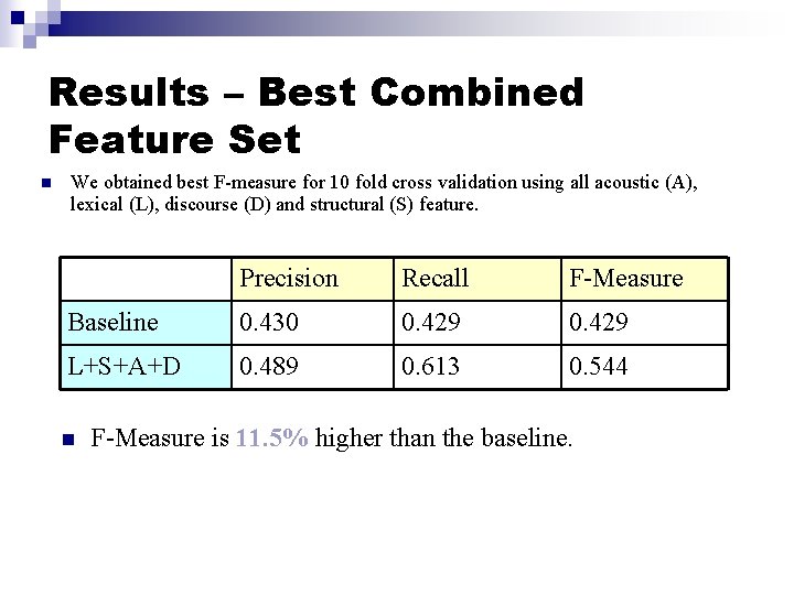 Results – Best Combined Feature Set n We obtained best F-measure for 10 fold