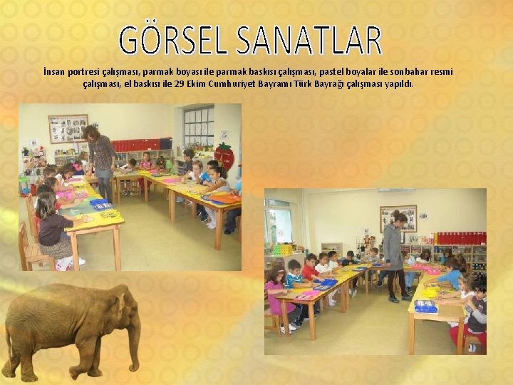 İnsan portresi çalışması, parmak boyası ile parmak baskısı çalışması, pastel boyalar ile sonbahar resmi