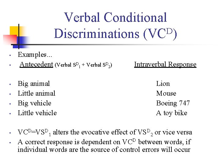 Verbal Conditional D Discriminations (VC ) • • Examples. . . Antecedent (Verbal SD