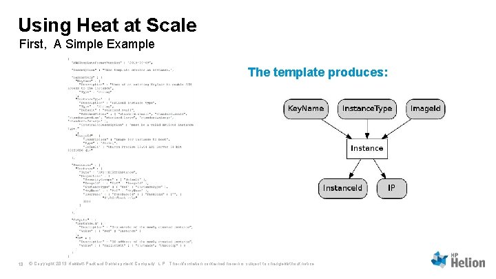 Using Heat at Scale First, A Simple Example The template produces: 18 © Copyright Using Heat at Scale First, A Simple Example The template produces: 18 © Copyright