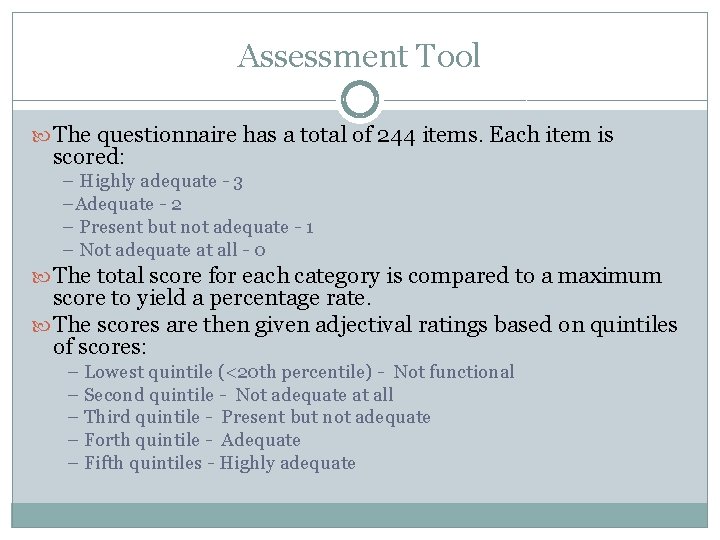 Assessment Tool The questionnaire has a total of 244 items. Each item is scored: