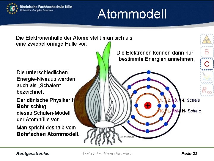 Atommodell Die Elektronenhülle der Atome stellt man sich als eine zwiebelförmige Hülle vor. B