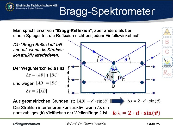 Bragg Spektrometer Man spricht zwar von "Bragg-Reflexion", aber anders als bei einem Spiegel tritt