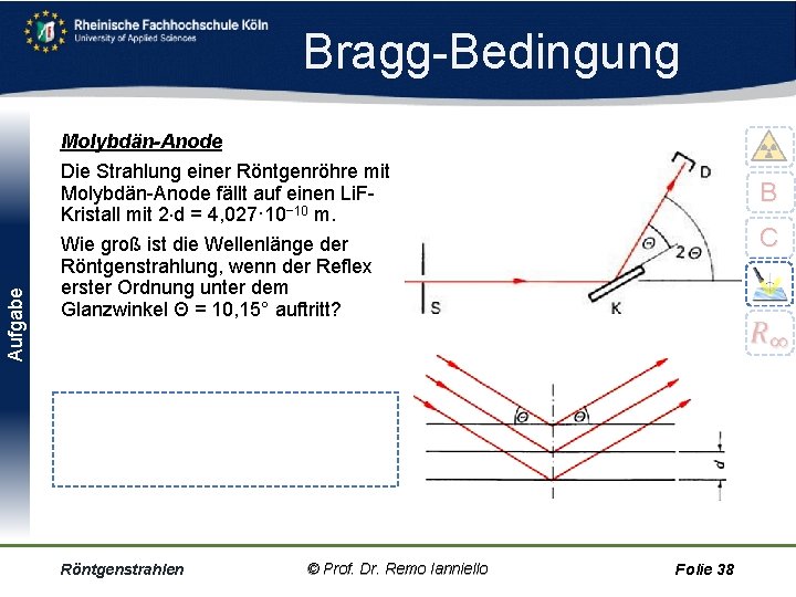 Aufgabe Bragg Bedingung Molybdän-Anode Die Strahlung einer Röntgenröhre mit Molybdän Anode fällt auf einen
