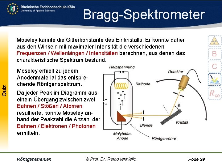 Bragg Spektrometer Quiz Moseley kannte die Gitterkonstante des Einkristalls. Er konnte daher aus den