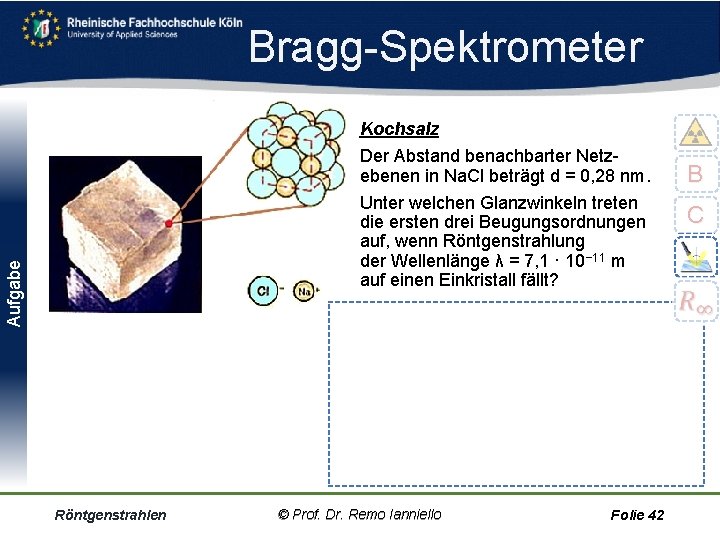 Bragg Spektrometer Aufgabe Kochsalz Der Abstand benachbarter Netz ebenen in Na. Cl beträgt d