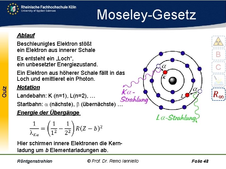 Quiz Moseley Gesetz Ablauf Beschleunigtes Elektron stößt ein Elektron aus innerer Schale Es entsteht