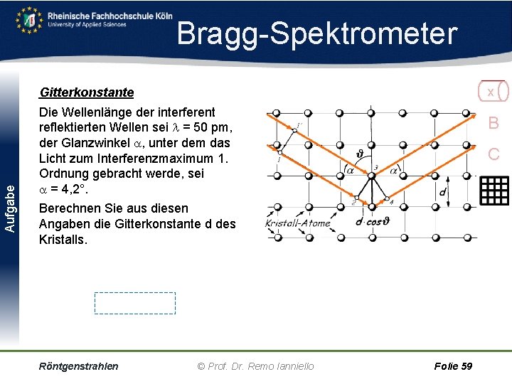 Bragg Spektrometer x Aufgabe Gitterkonstante Die Wellenlänge der interferent reflektierten Wellen sei = 50