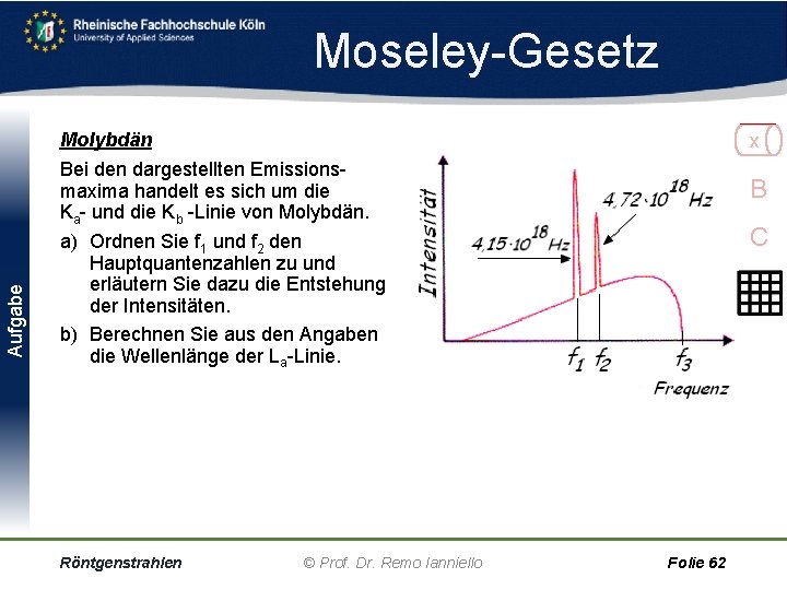 Aufgabe Moseley Gesetz Molybdän Bei den dargestellten Emissions maxima handelt es sich um die