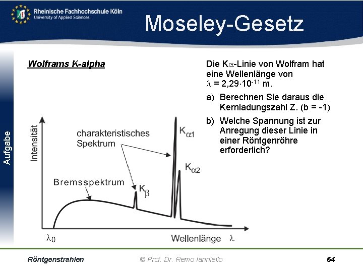 Moseley Gesetz Aufgabe Wolframs K-alpha Röntgenstrahlen Die K Linie von Wolfram hat eine Wellenlänge