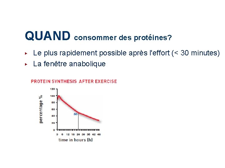 QUAND consommer des protéines? ▶ ▶ Le plus rapidement possible après l'effort (< 30 QUAND consommer des protéines? ▶ ▶ Le plus rapidement possible après l'effort (< 30