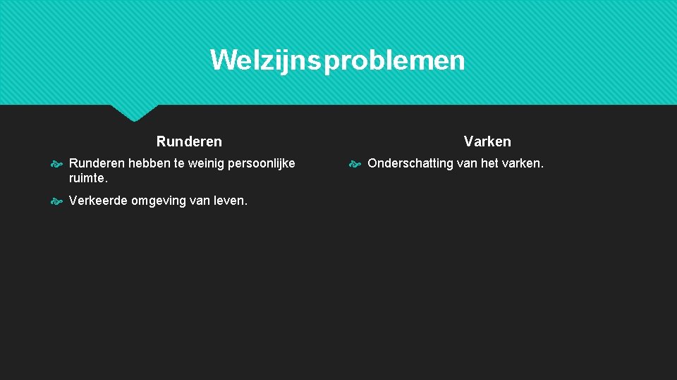 Welzijnsproblemen Runderen hebben te weinig persoonlijke ruimte. Verkeerde omgeving van leven. Varken Onderschatting van Welzijnsproblemen Runderen hebben te weinig persoonlijke ruimte. Verkeerde omgeving van leven. Varken Onderschatting van