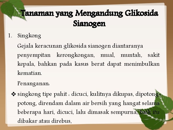 Tanaman yang Mengandung Glikosida Sianogen 1. Singkong Gejala keracunan glikosida sianogen diantaranya penyempitan kerongkongan,