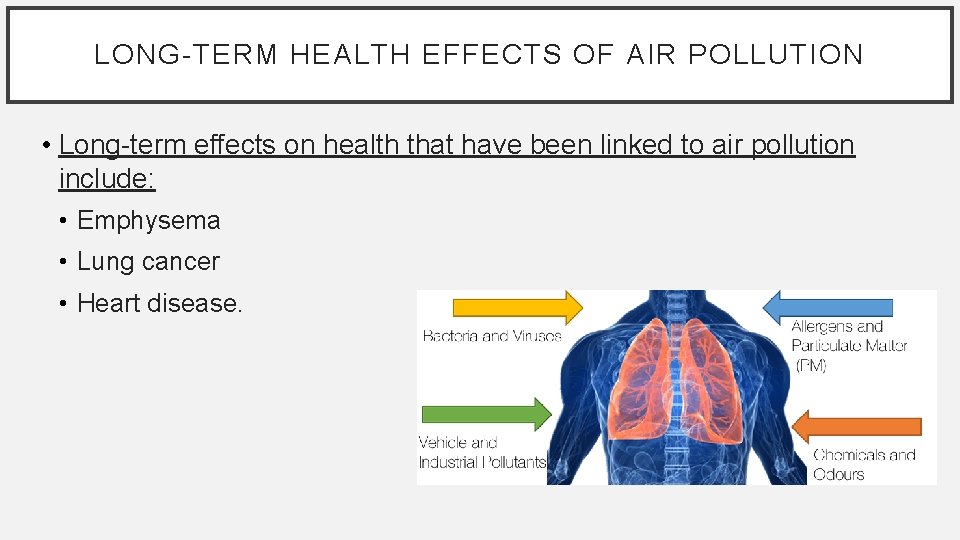 LONG-TERM HEALTH EFFECTS OF AIR POLLUTION • Long-term effects on health that have been