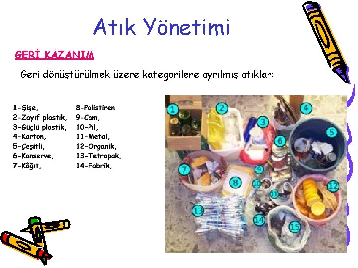 Atık Yönetimi GERİ KAZANIM Geri dönüştürülmek üzere kategorilere ayrılmış atıklar: 