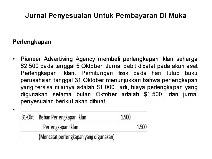 Jurnal Penyesuaian Untuk Pembayaran Di Muka Perlengkapan • Pioneer Advertising Agency membeli perlengkapan iklan