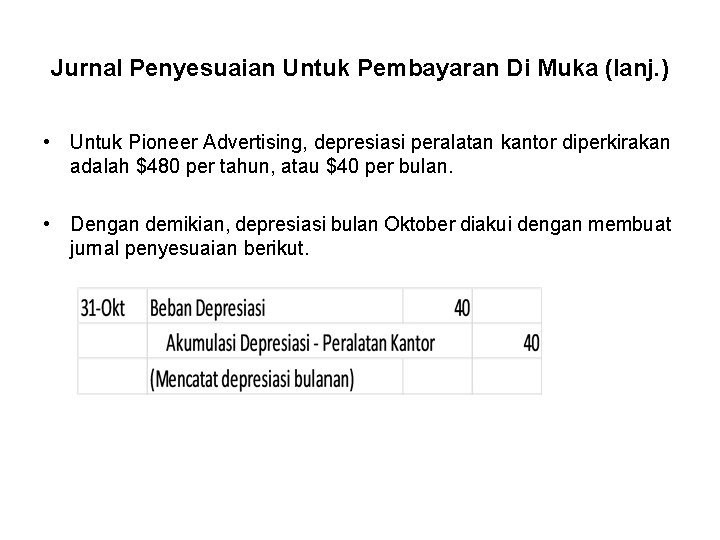 Jurnal Penyesuaian Untuk Pembayaran Di Muka (lanj. ) • Untuk Pioneer Advertising, depresiasi peralatan