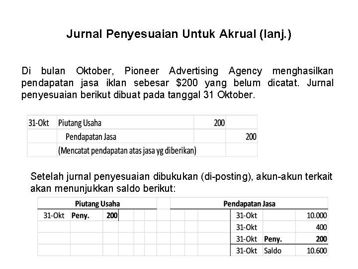 Jurnal Penyesuaian Untuk Akrual (lanj. ) Di bulan Oktober, Pioneer Advertising Agency menghasilkan pendapatan