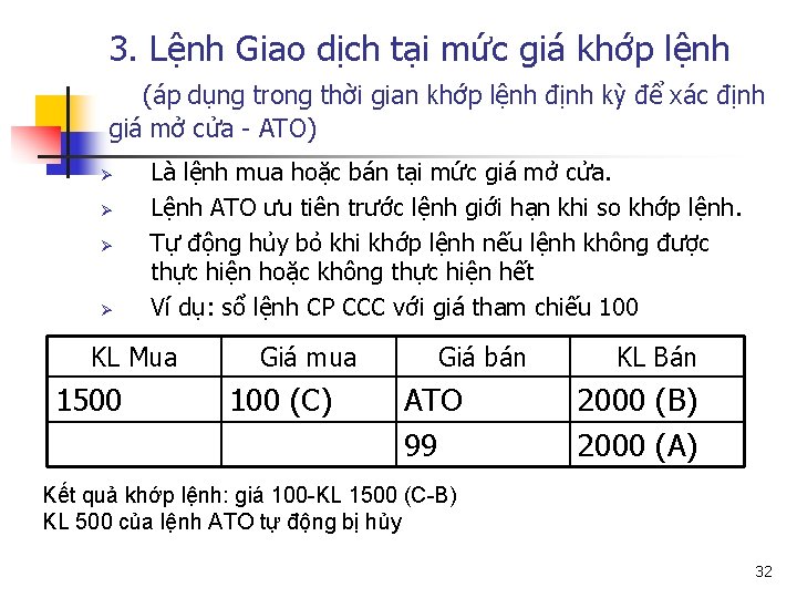 3. Lệnh Giao dịch tại mức giá khớp lệnh (áp dụng trong thời gian