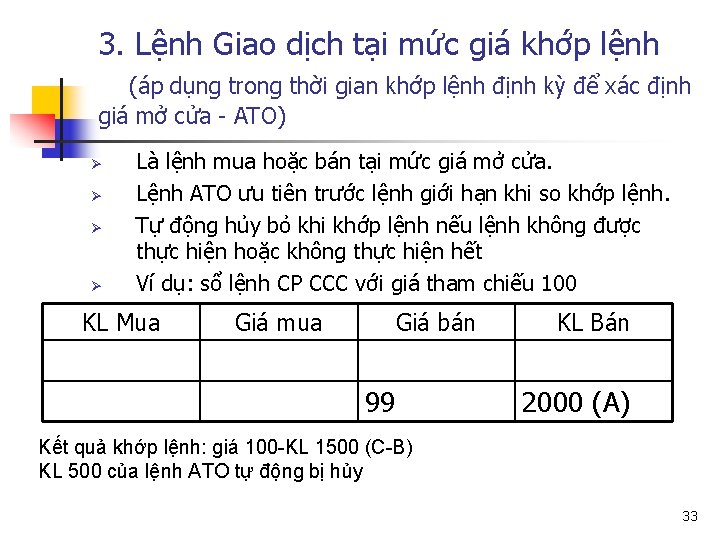 3. Lệnh Giao dịch tại mức giá khớp lệnh (áp dụng trong thời gian