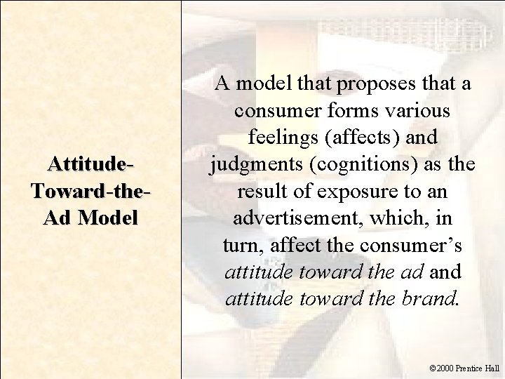 Attitude. Toward-the. Ad Model A model that proposes that a consumer forms various feelings