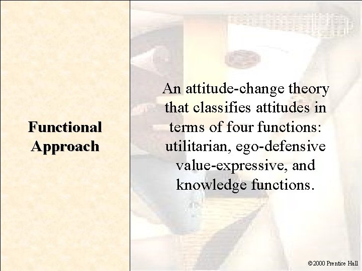 Functional Approach An attitude-change theory that classifies attitudes in terms of four functions: utilitarian,